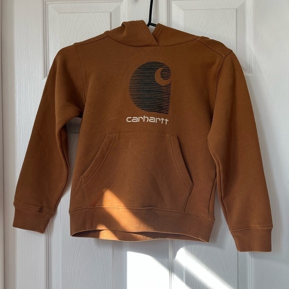 Carhartt Other - Carhartt boys tan hooded sweatshirt big logo size small 8/10